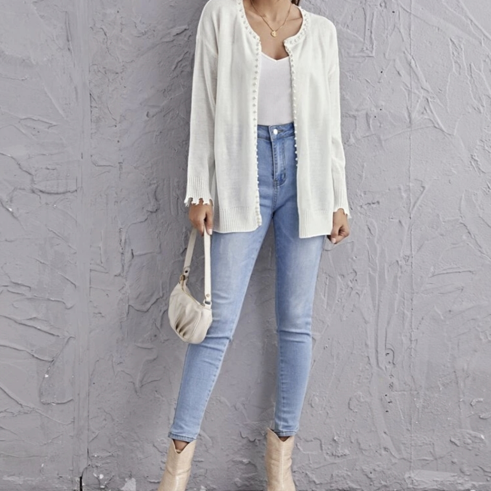 NWT Pearl Beaded Distressed Cardigan, white, small - Picture 4 of 12